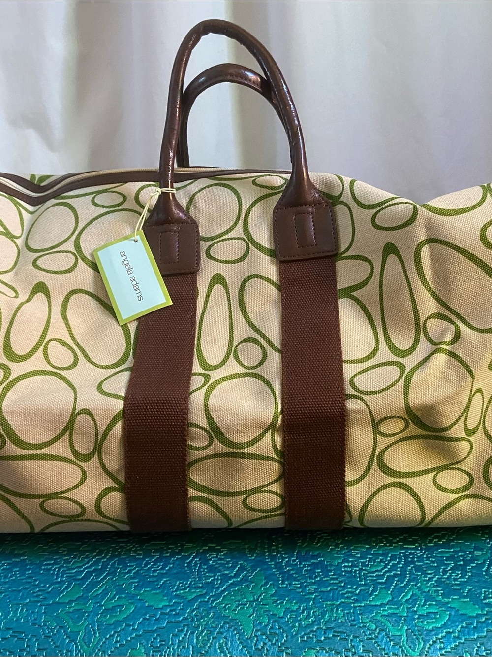 Angela Adams Yellow Canvas Duffel with Brown Trim